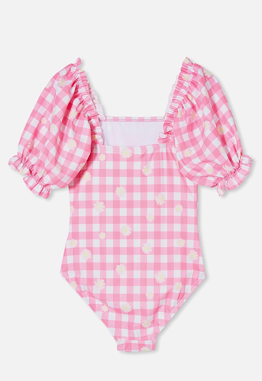 Cotton On - Paige puff sleeve one piece - pink punch/gingham daisy