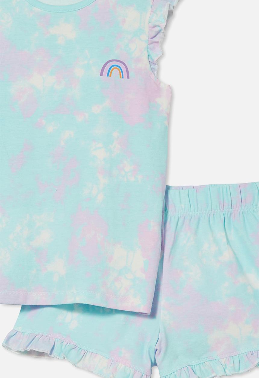 Cotton On - Stacey short sleeve flutter pyjama set - tie dye rainbow/dream blue