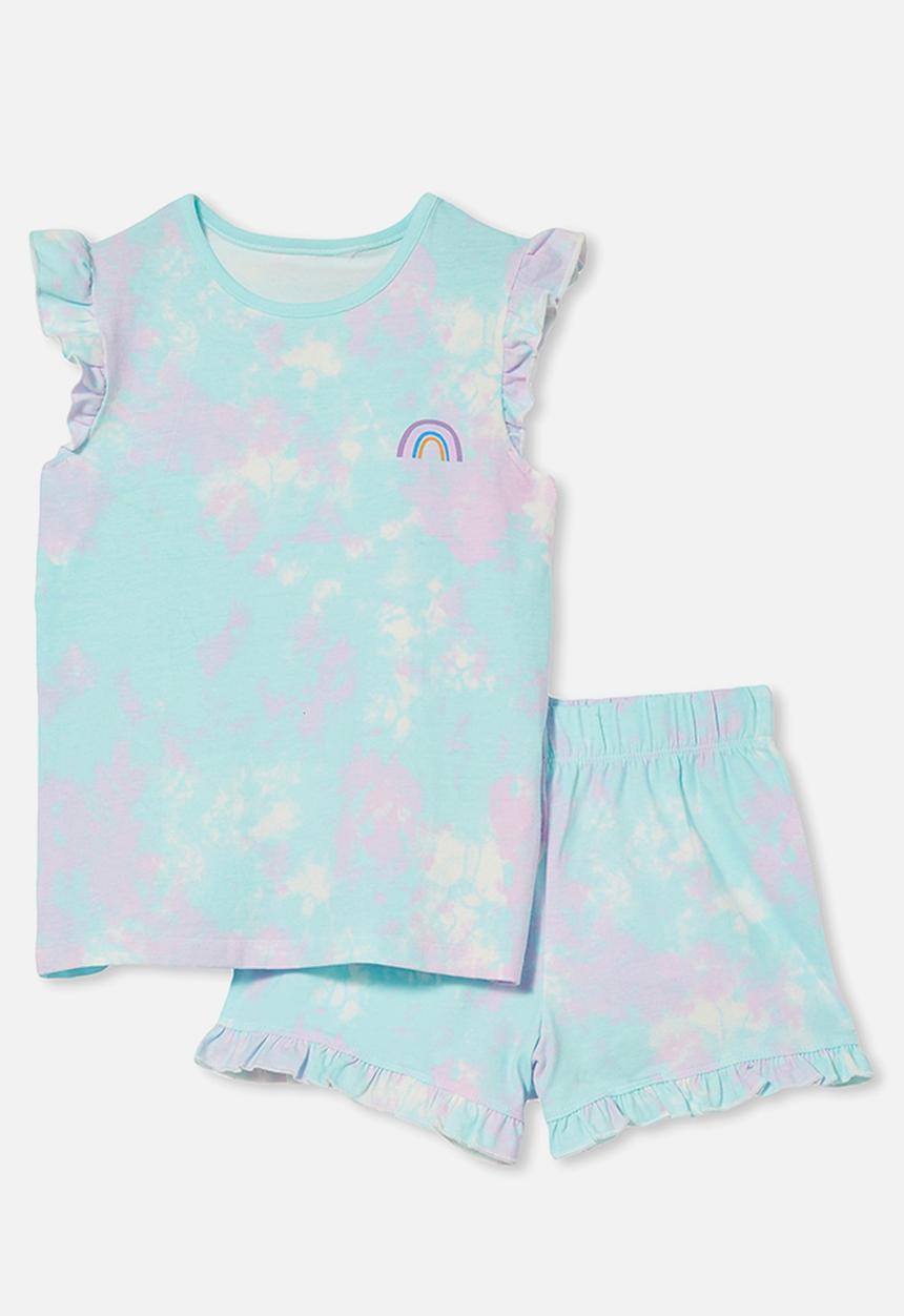 Cotton On - Stacey short sleeve flutter pyjama set - tie dye rainbow/dream blue