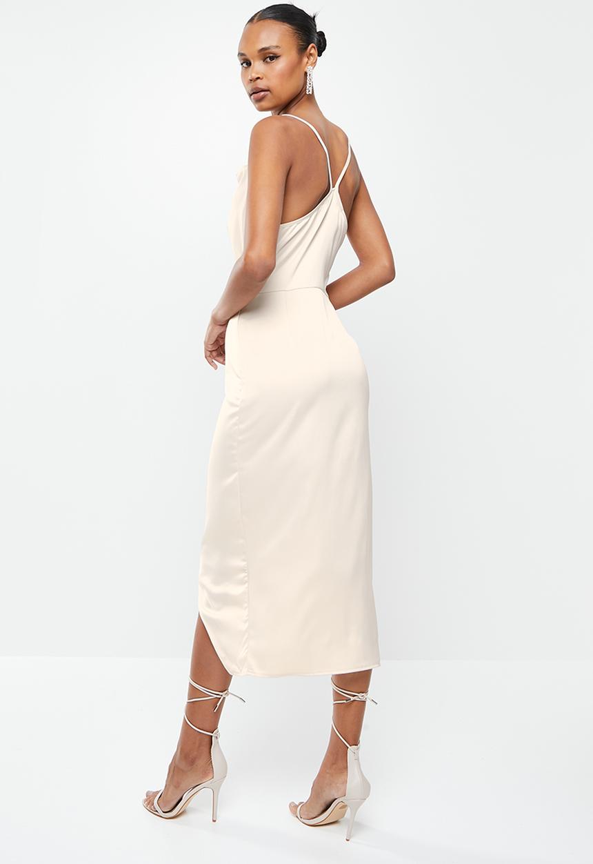 Missguided - Asymmetric strap drape satin midi dress - cream