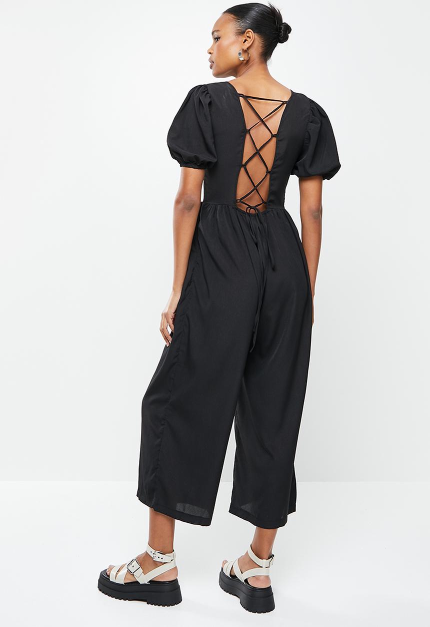 Missguided - Tie back puff sleeve jumpsuit - black