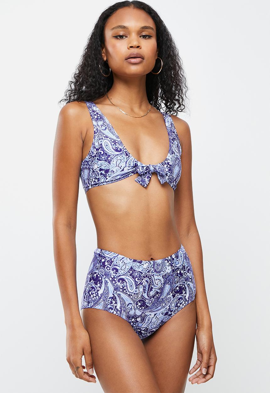Missguided - Paisley high waisted bikini bottom - navy & white 