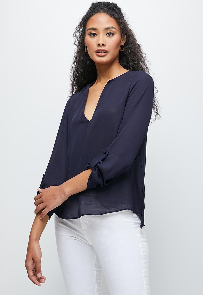 edit - Roll up sleeve notch neck blouse - navy