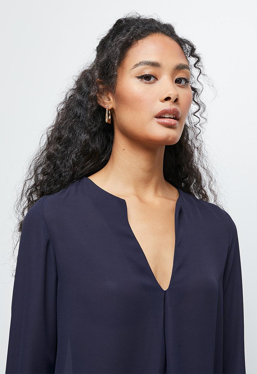 edit - Roll up sleeve notch neck blouse - navy