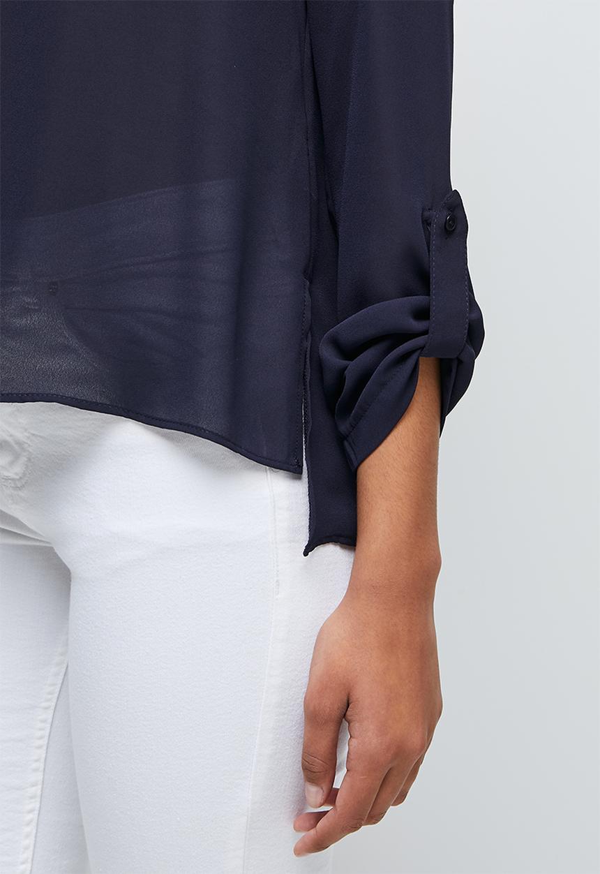 edit - Roll up sleeve notch neck blouse - navy