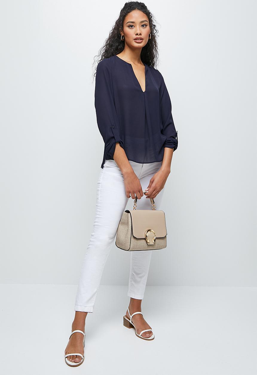 edit - Roll up sleeve notch neck blouse - navy