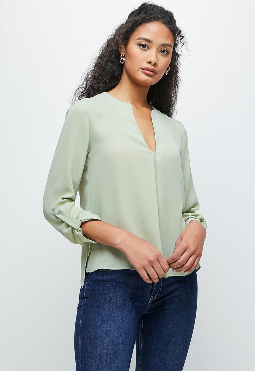 edit - Roll up sleeve notch neck blousee - desert sage