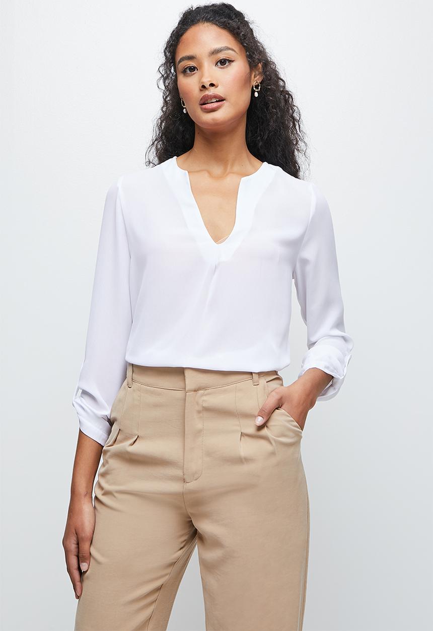 edit - Roll up sleeve notch neck blouse - milk