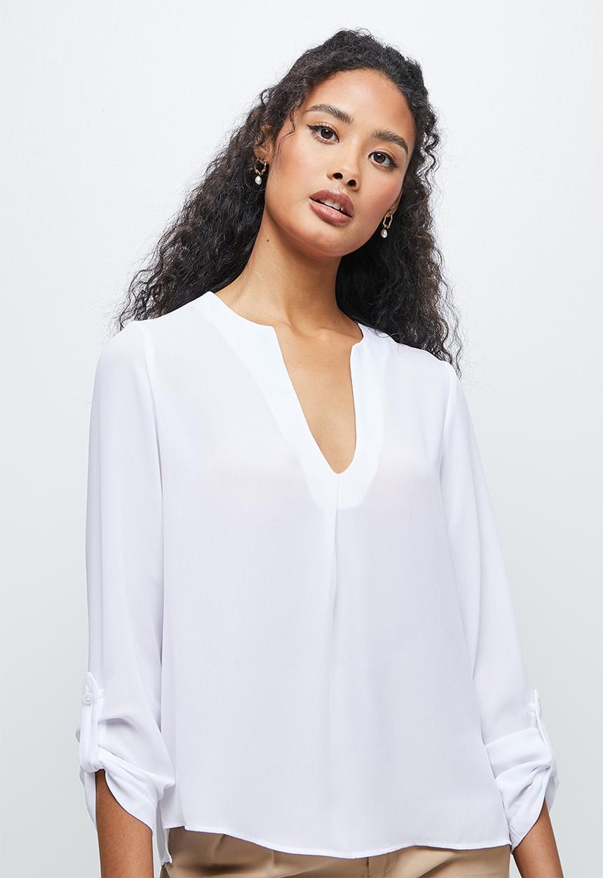 edit - Roll up sleeve notch neck blouse - milk
