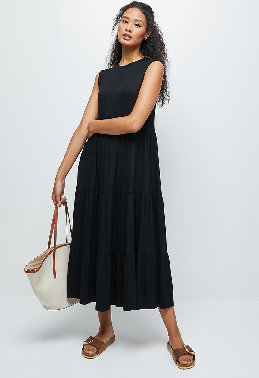 edit - Built up knit tiered maxi dress - black