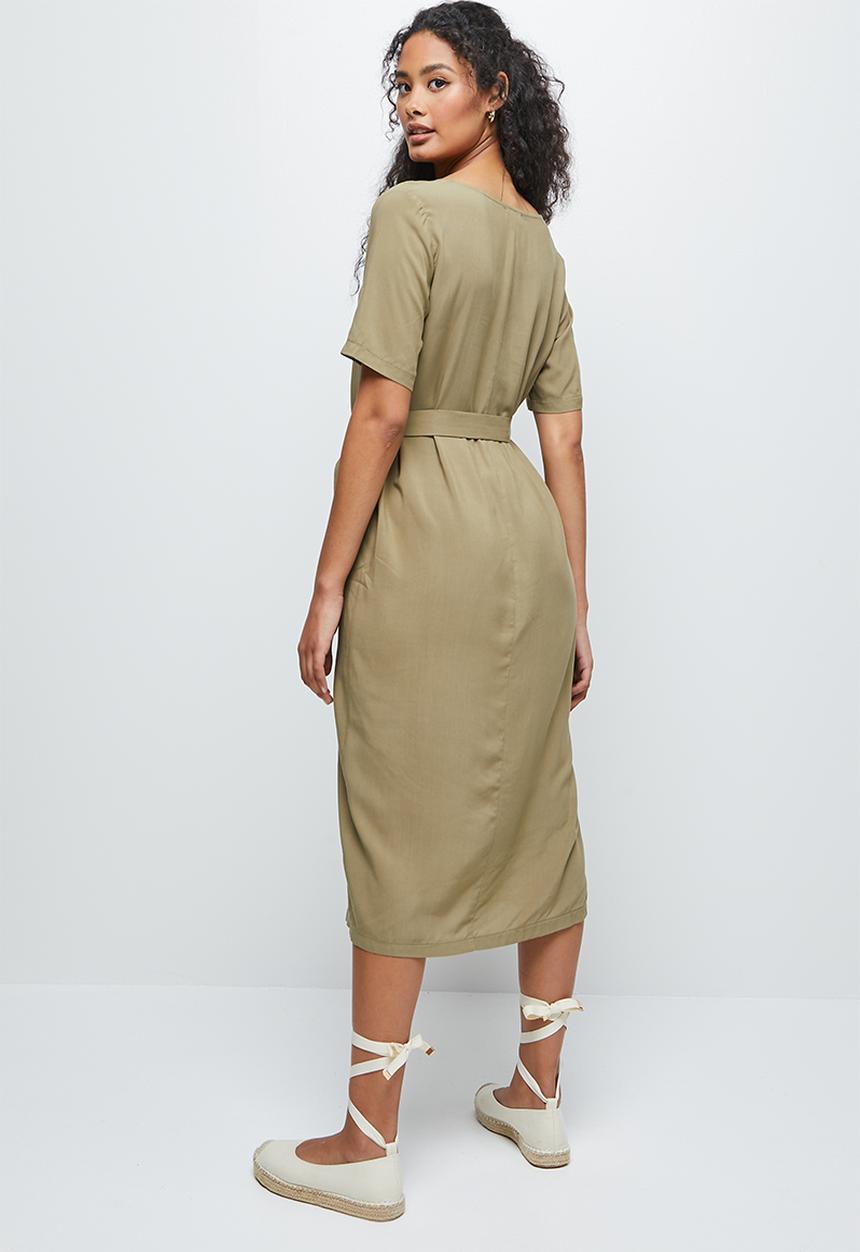 edit - Woven belted midi tunic - khaki