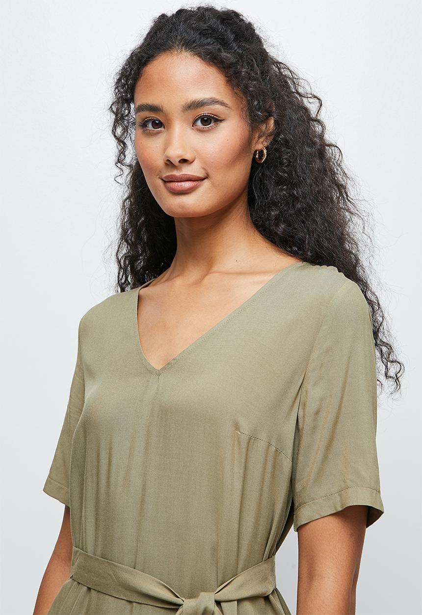 edit - Woven belted midi tunic - khaki