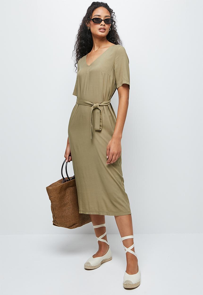 edit - Woven belted midi tunic - khaki