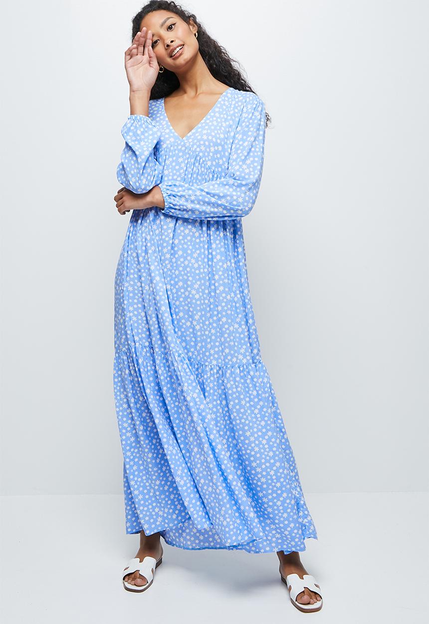 edit - Long sleeve V-neck tiered midi dress - blue micro ditsy
