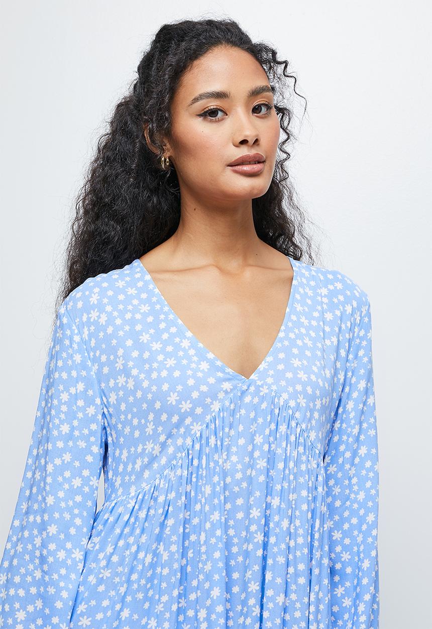 edit - Long sleeve V-neck tiered midi dress - blue micro ditsy