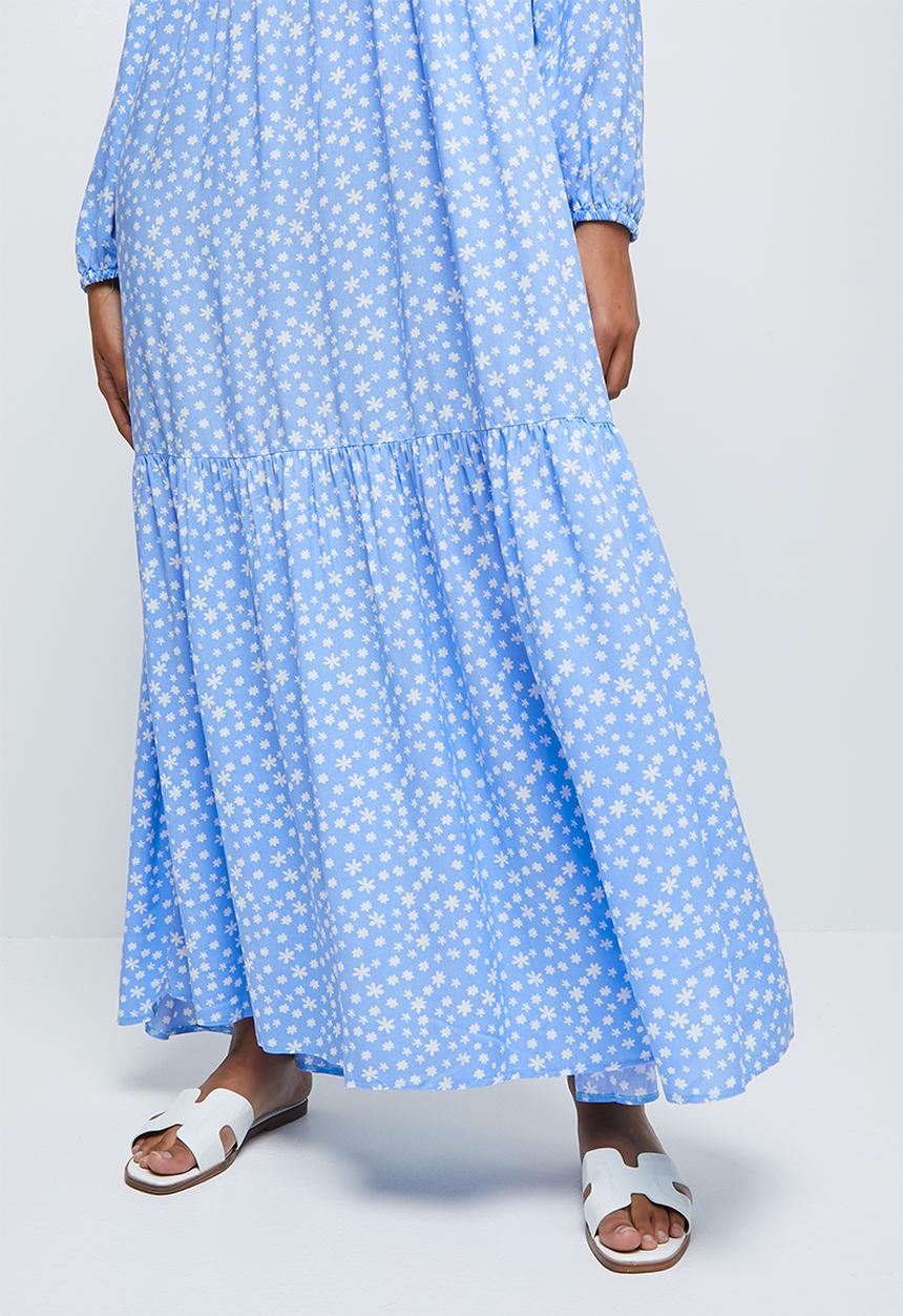 edit - Long sleeve V-neck tiered midi dress - blue micro ditsy