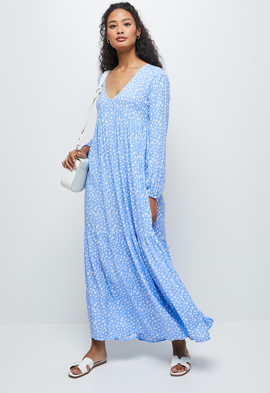 edit - Long sleeve V-neck tiered midi dress - blue micro ditsy