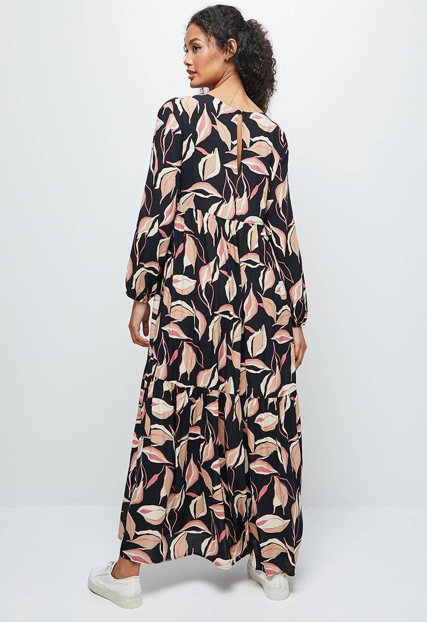 edit - Long sleeve V-neck tiered midi dress - black based floral