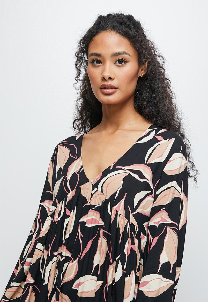 edit - Long sleeve V-neck tiered midi dress - black based floral