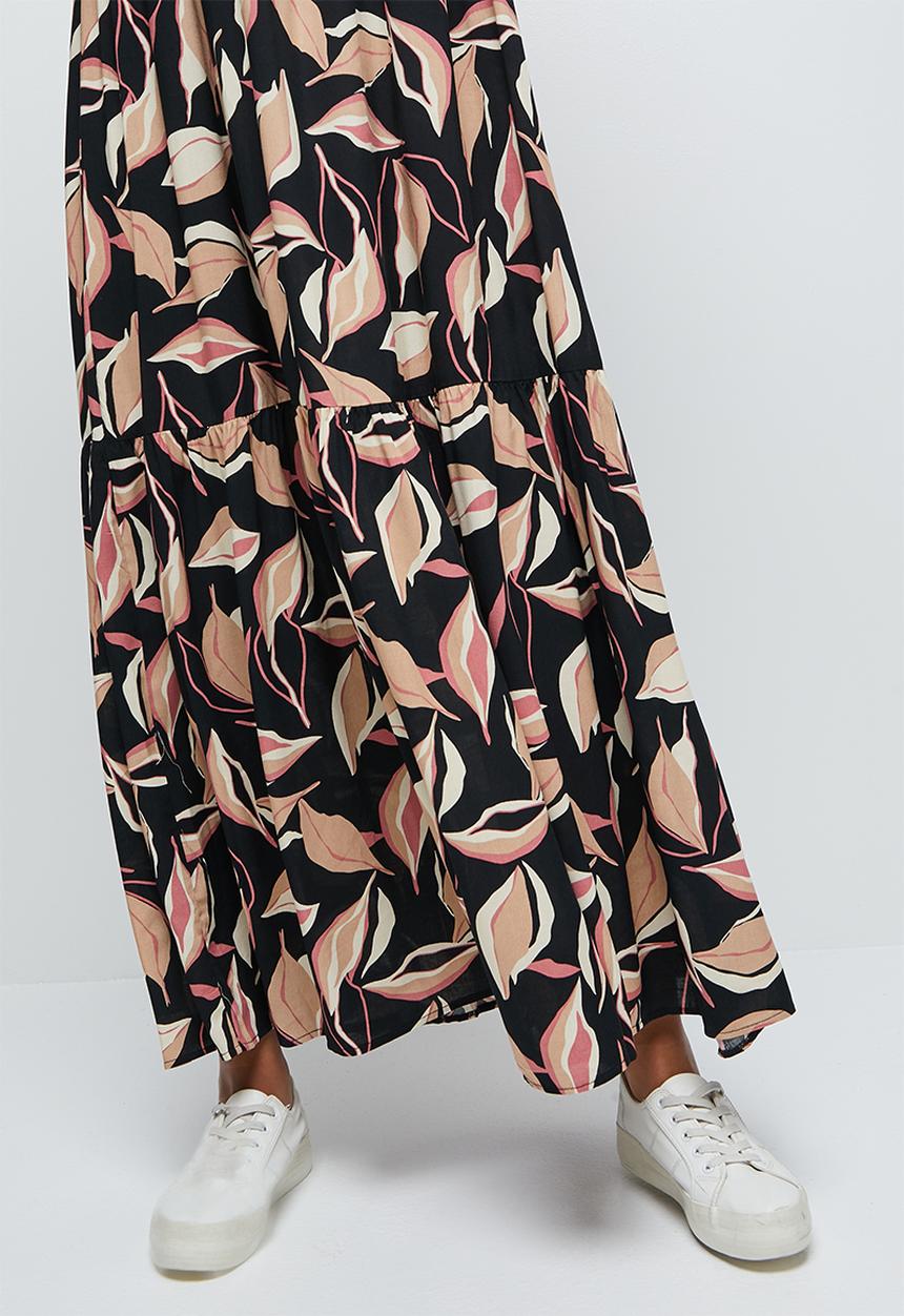 edit - Long sleeve V-neck tiered midi dress - black based floral