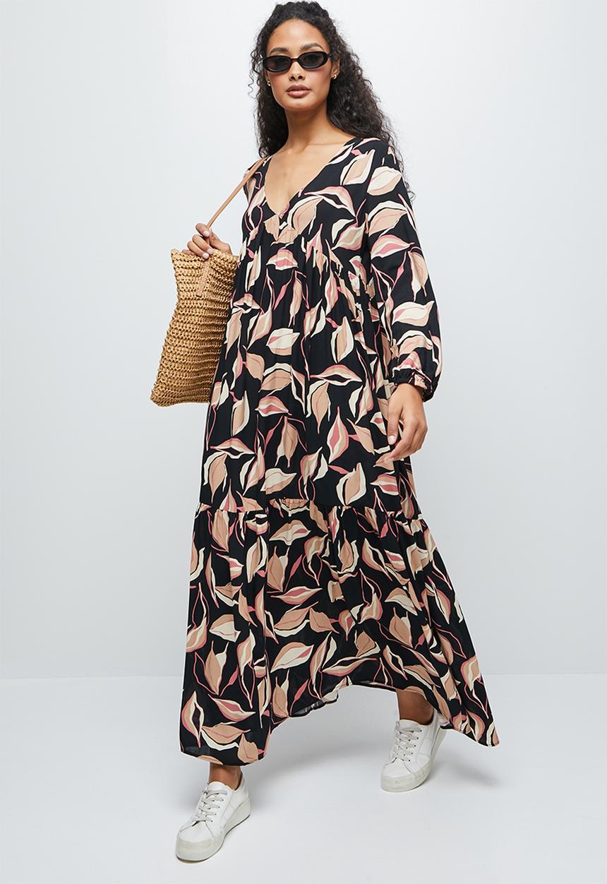edit - Long sleeve V-neck tiered midi dress - black based floral