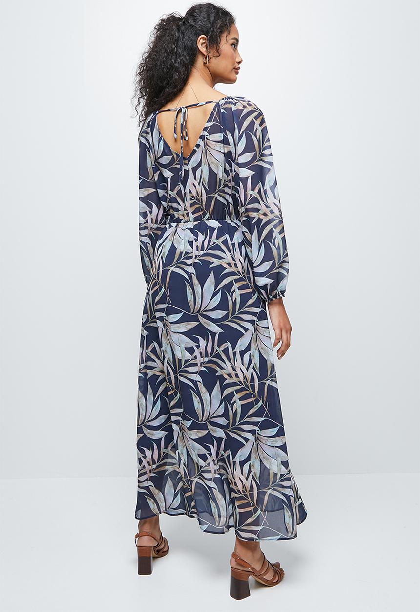 edit - Gauged v-back chiffon maxi - navy palm print