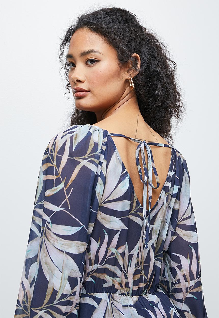 edit - Gauged v-back chiffon maxi - navy palm print