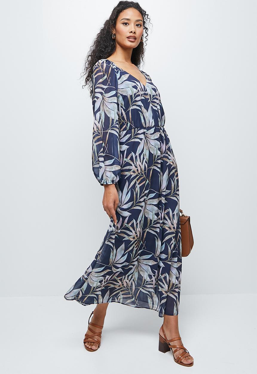 edit - Gauged v-back chiffon maxi - navy palm print