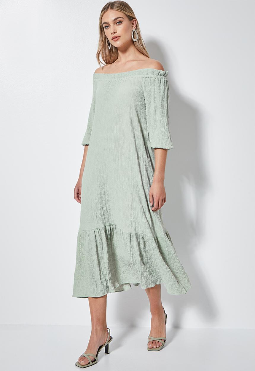 VELVET - Textured bardot midaxi dress - sage