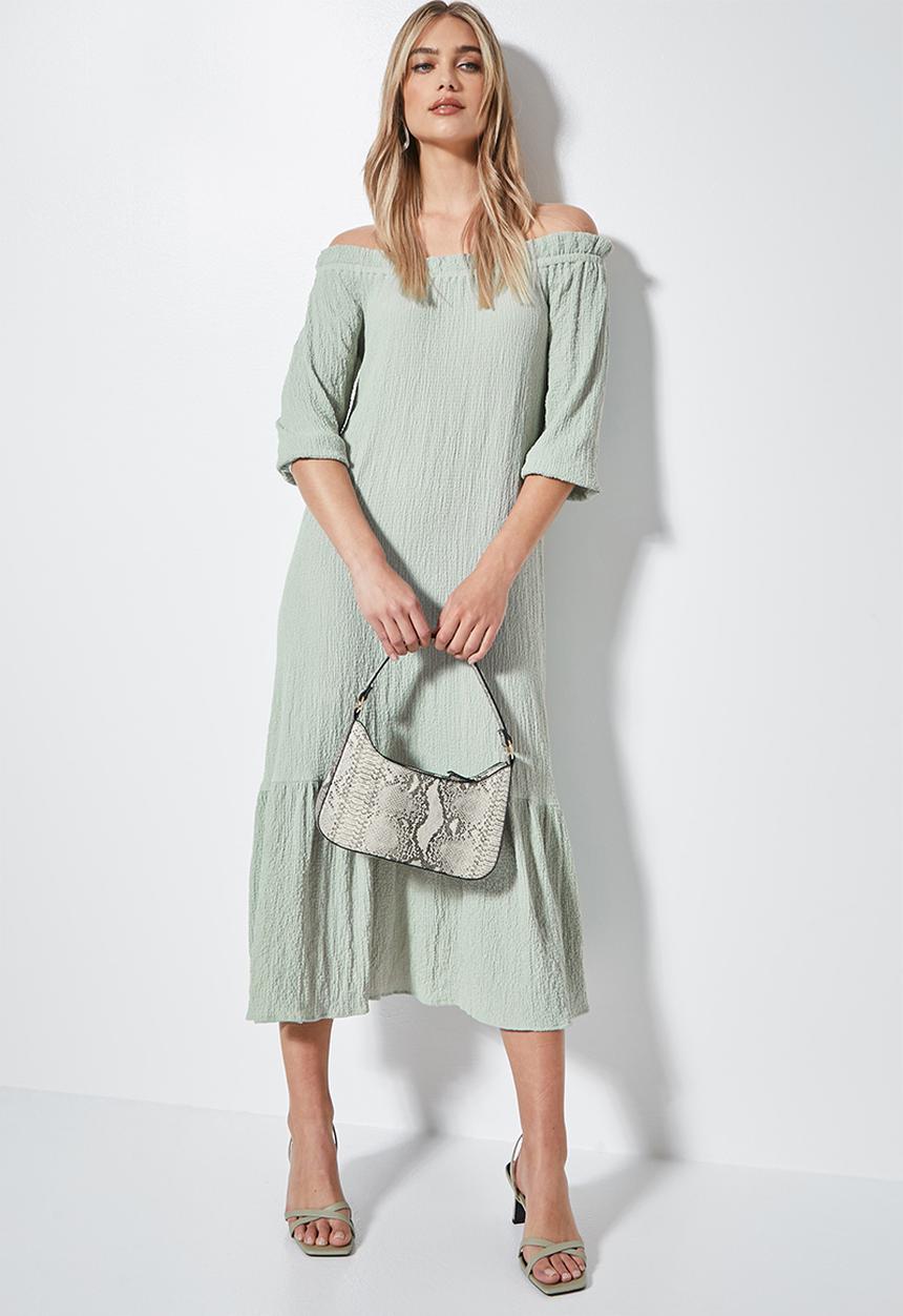 VELVET - Textured bardot midaxi dress - sage