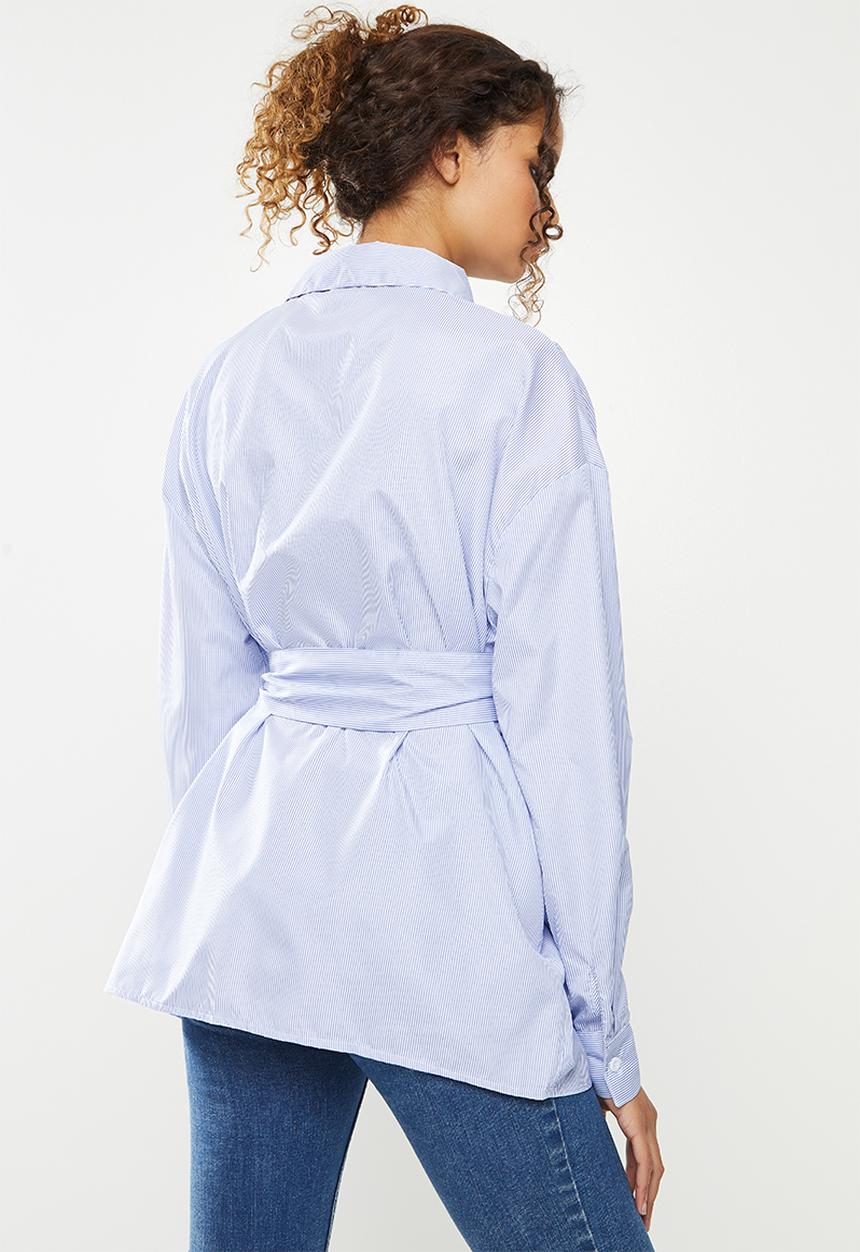 Missguided - Tie waist oversized shirt strip - blue
