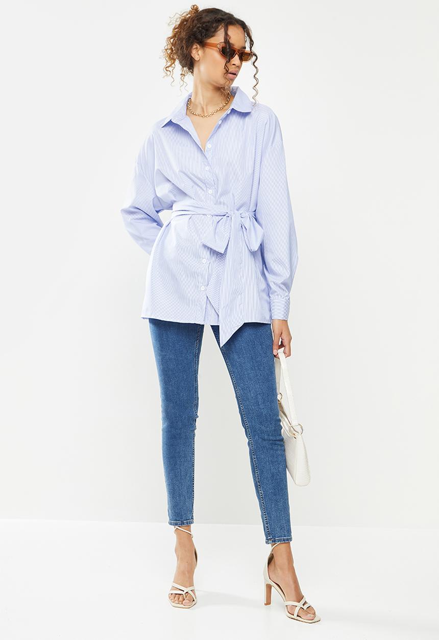 Missguided - Tie waist oversized shirt strip - blue