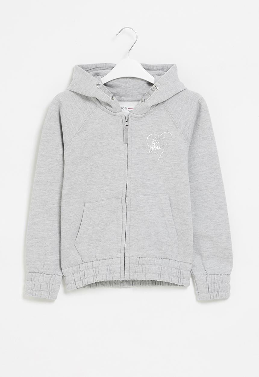 MINOTI - Girls basic  fleece zip thru hooded top - light grey