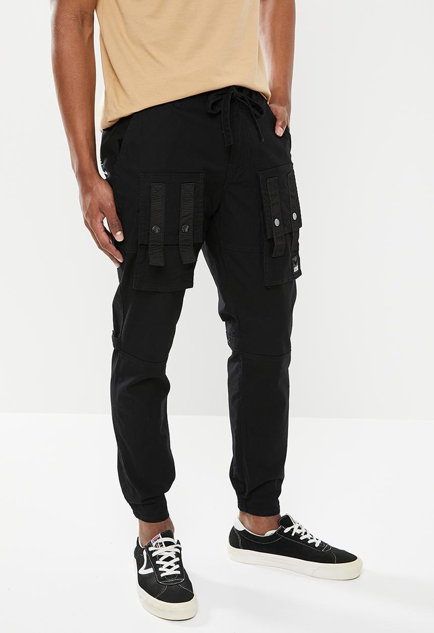 S.P.C.C - Kato regular fit elasticated, cargo woven joggers - black