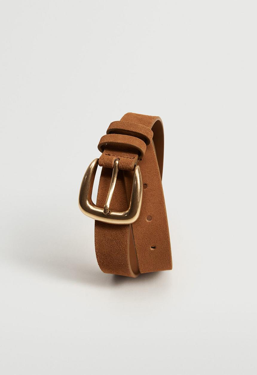 MANGO - Suede leather belt - brown
