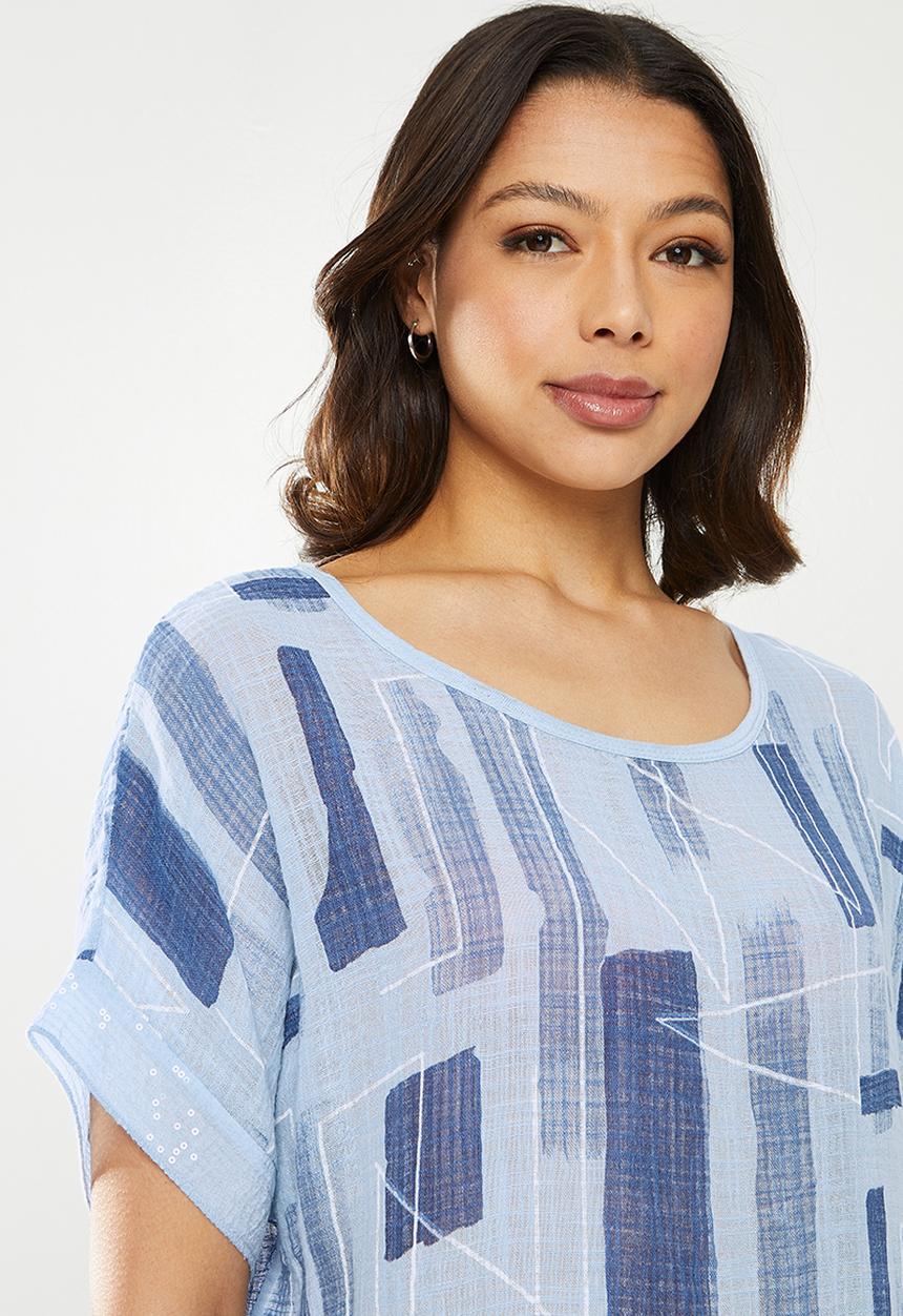 Stella Morgan - Abstract print oversized linen top - blue