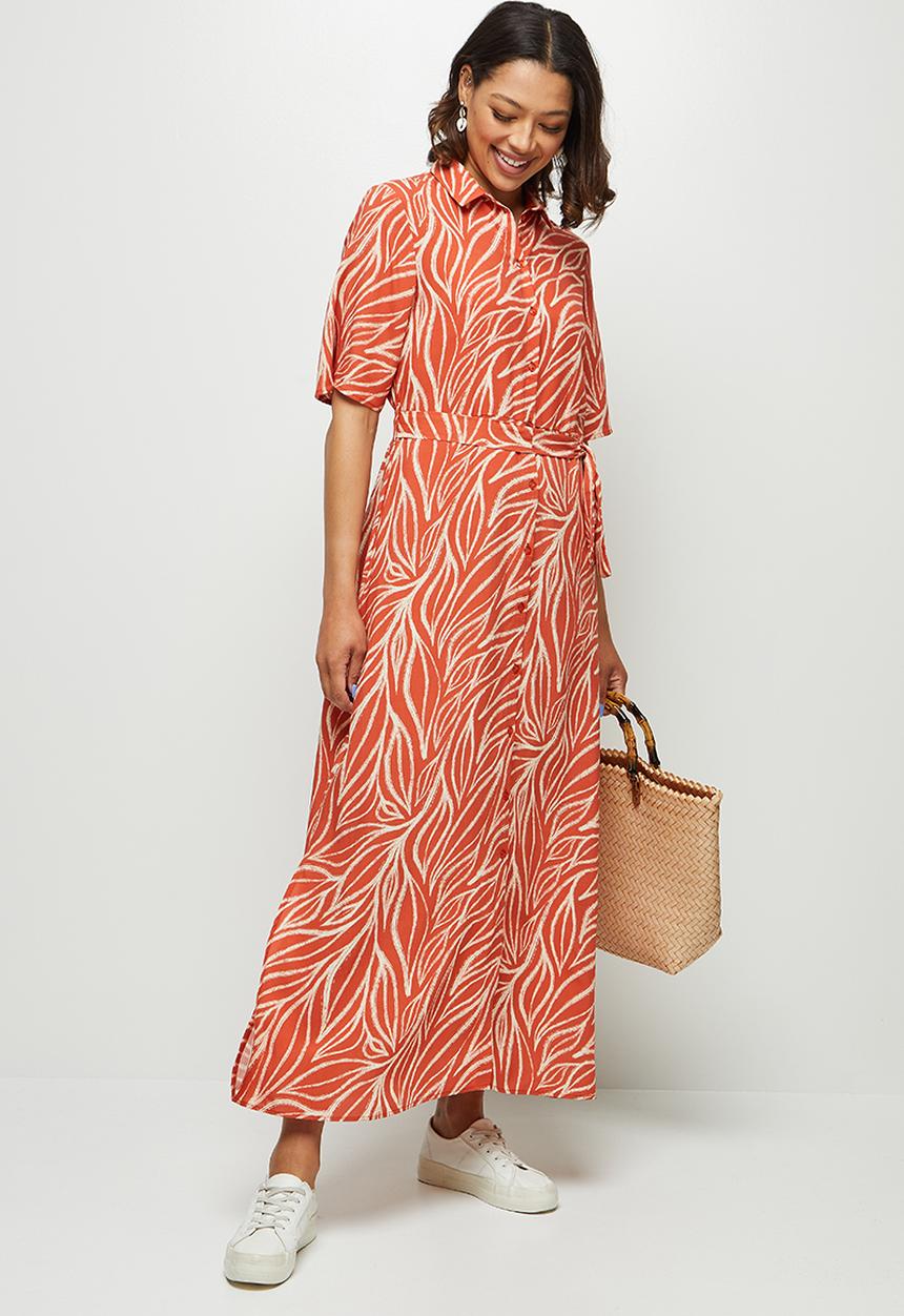edit - Slit detail maxi shirt dress  - rust & white