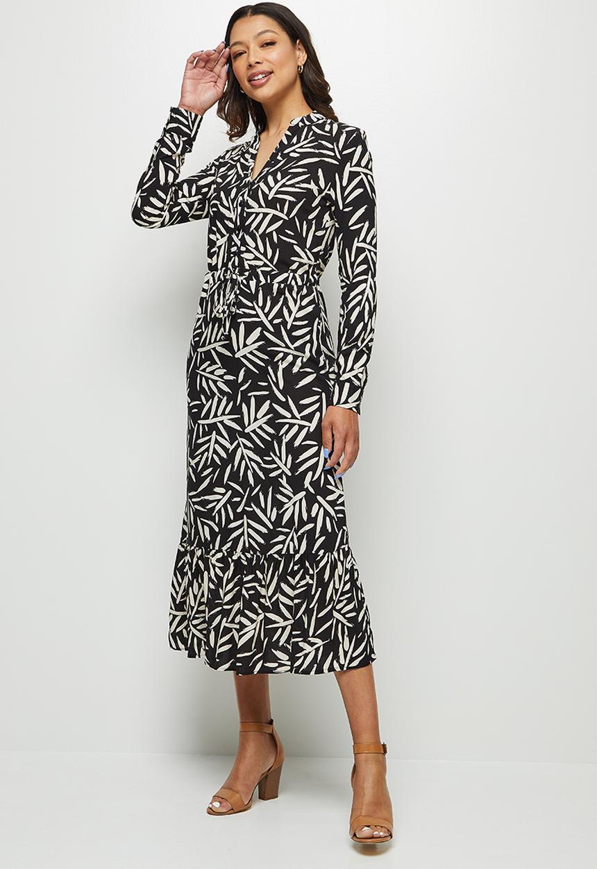 edit - Long sleeve tiered mandarin dress - black & white