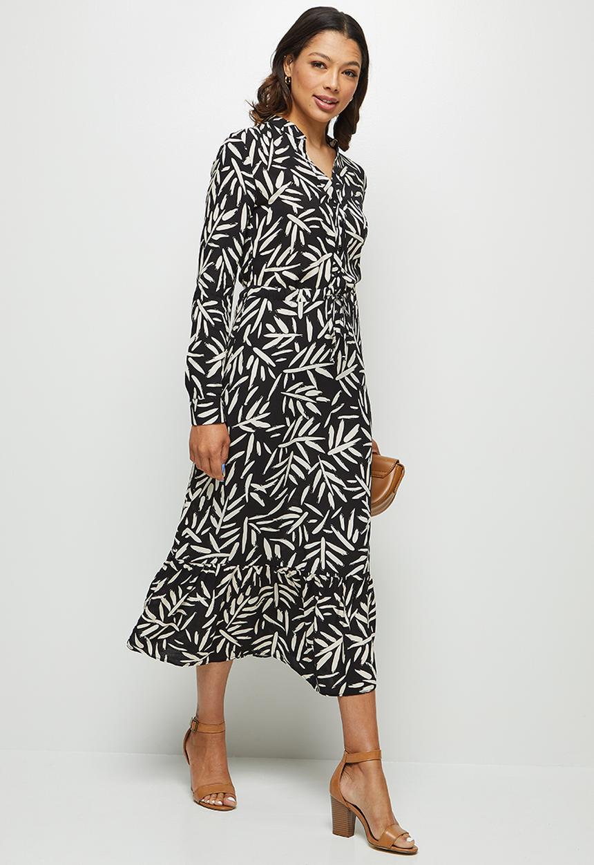 edit - Long sleeve tiered mandarin dress - black & white