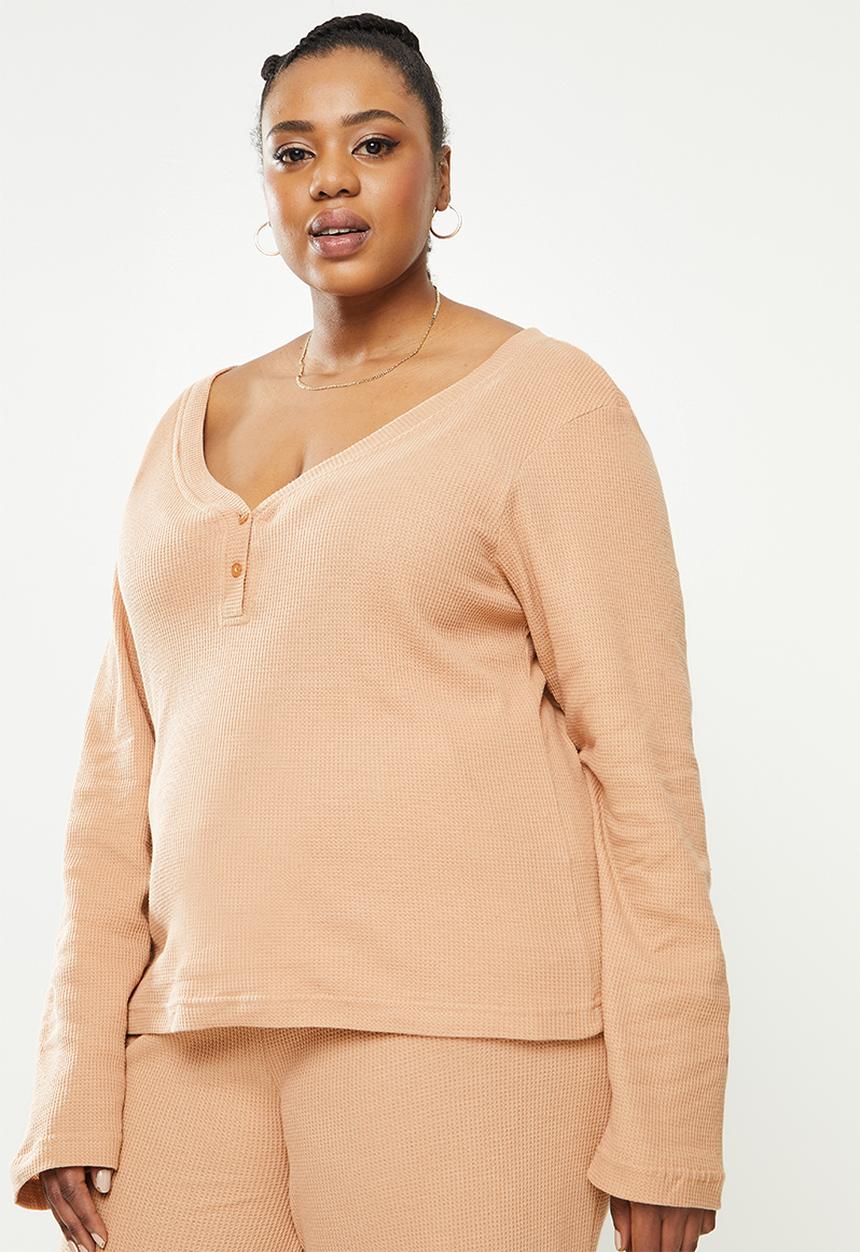 Missguided - Plus waffle loungewear set - tan