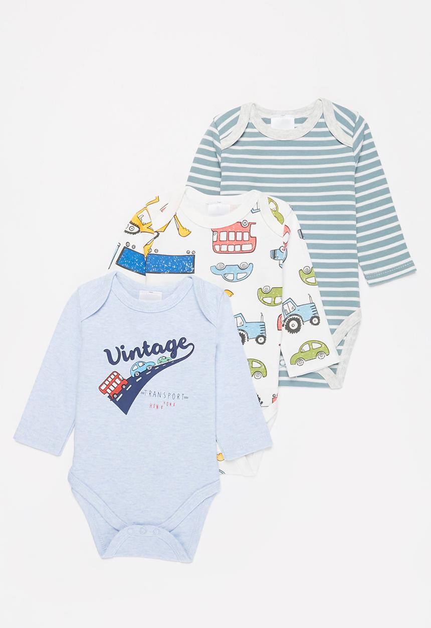 Pop Candy - Baby boys cars 3 pack bodyvests - blue & white 