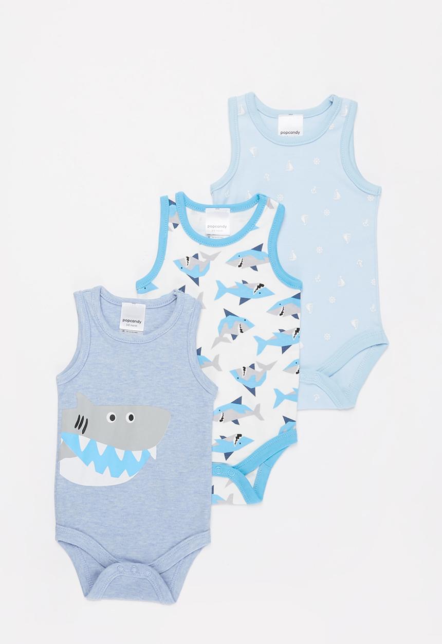 Pop Candy - Baby boys 3 pack shark bodyvests - blue