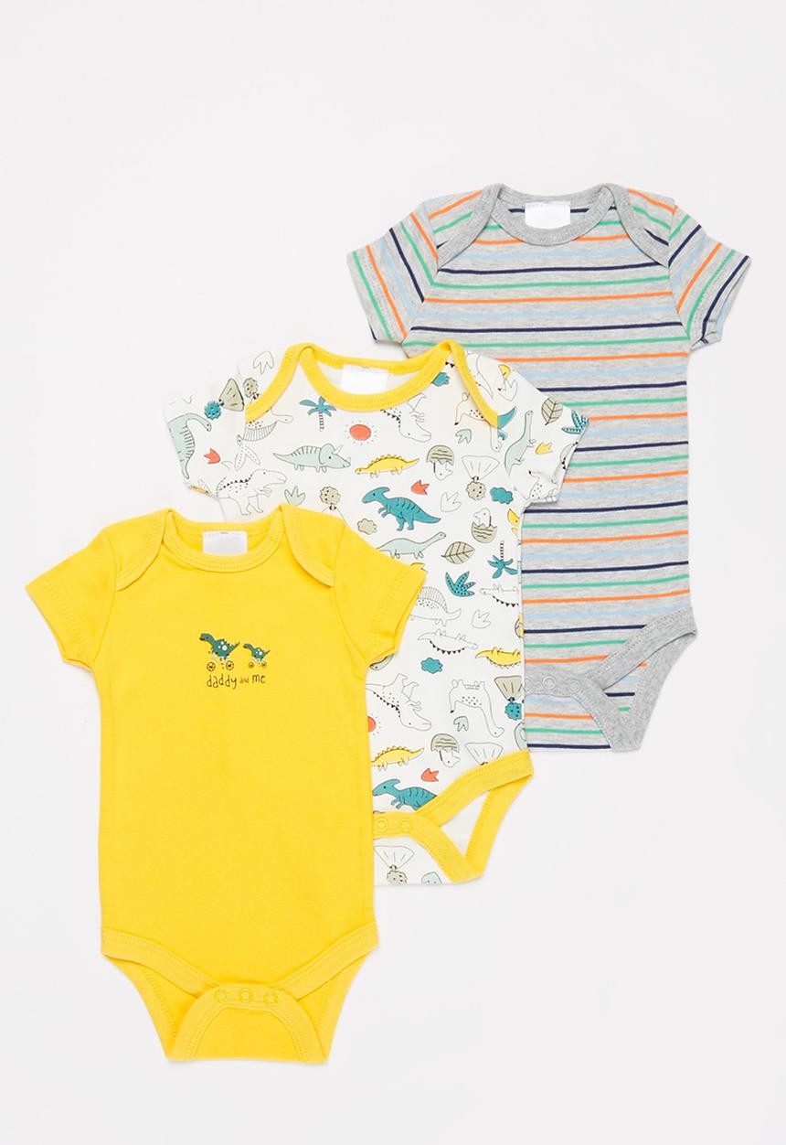 Pop Candy - Baby boys 3 pack animal bodyvests - yellow & grey