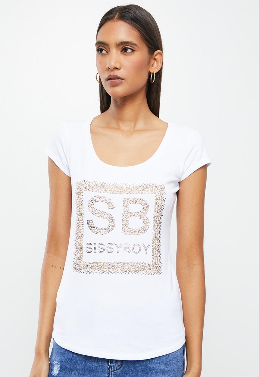 SISSY BOY - Juniper: basic round neck top with cap sleeves and bling logo - white
