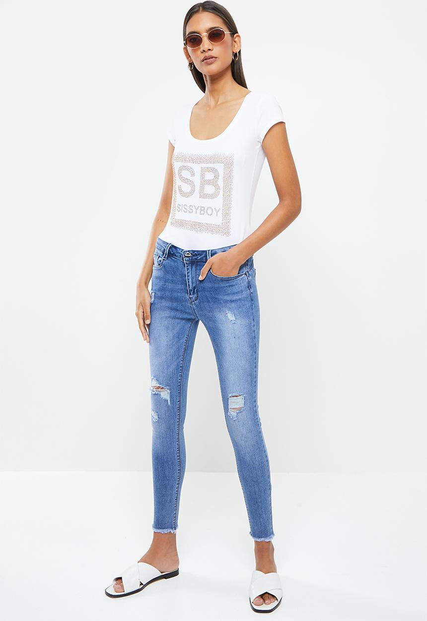 SISSY BOY - Juniper: basic round neck top with cap sleeves and bling logo - white