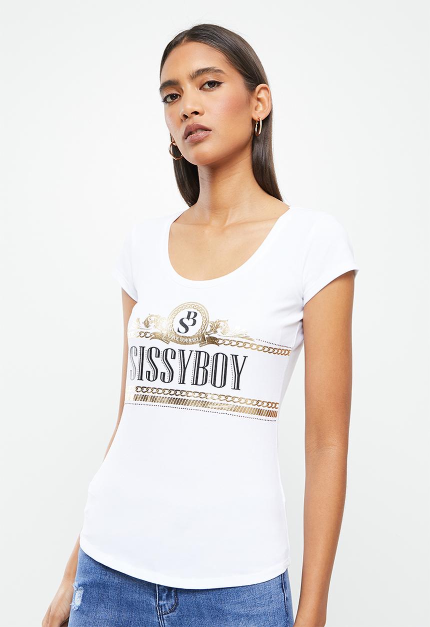 SISSY BOY - Tamri: basic round neck cap sleeve top with mixed prints and bling logo - white