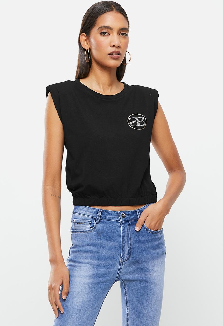 SISSY BOY - Lowell: basic, round neck, crop top with elasticated waist and padded shoulders - black