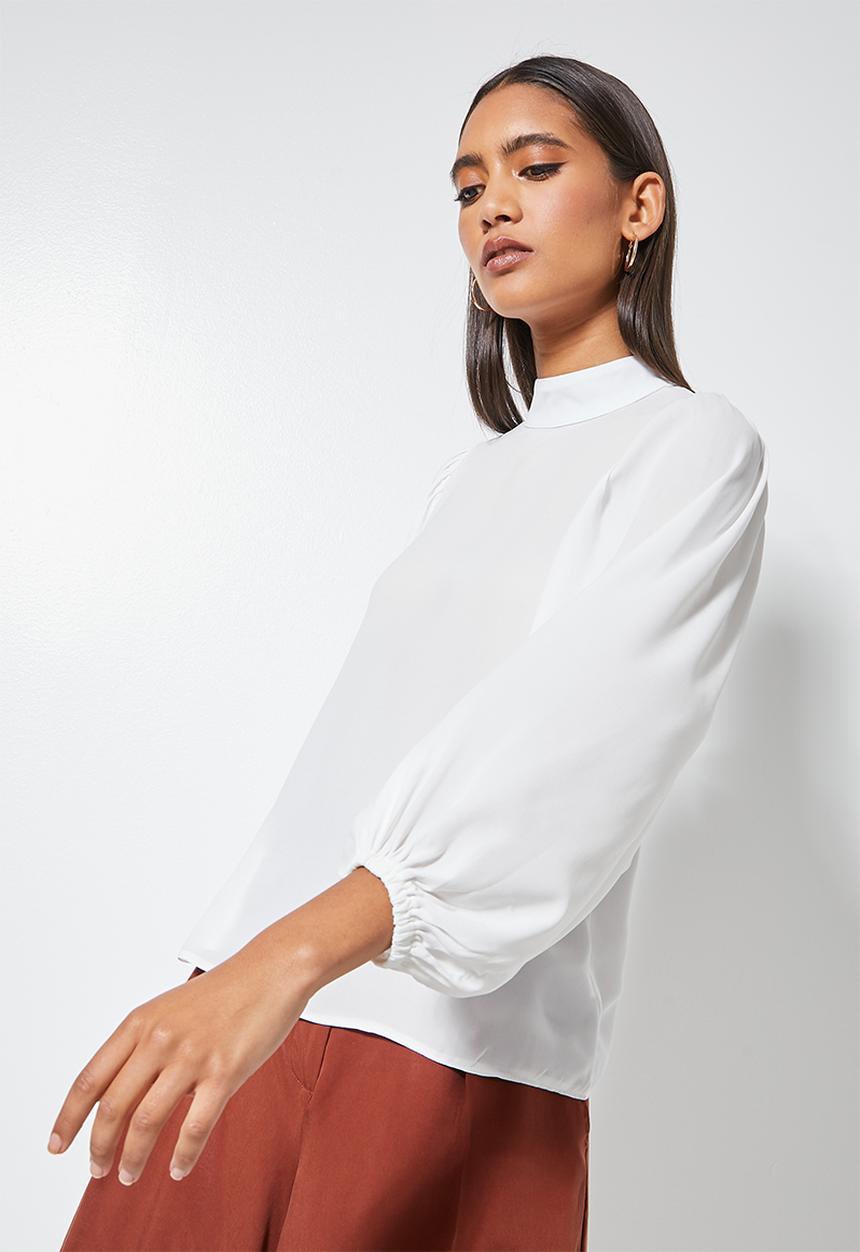 VELVET - Turtle neck blouse with draped sleeve - milk