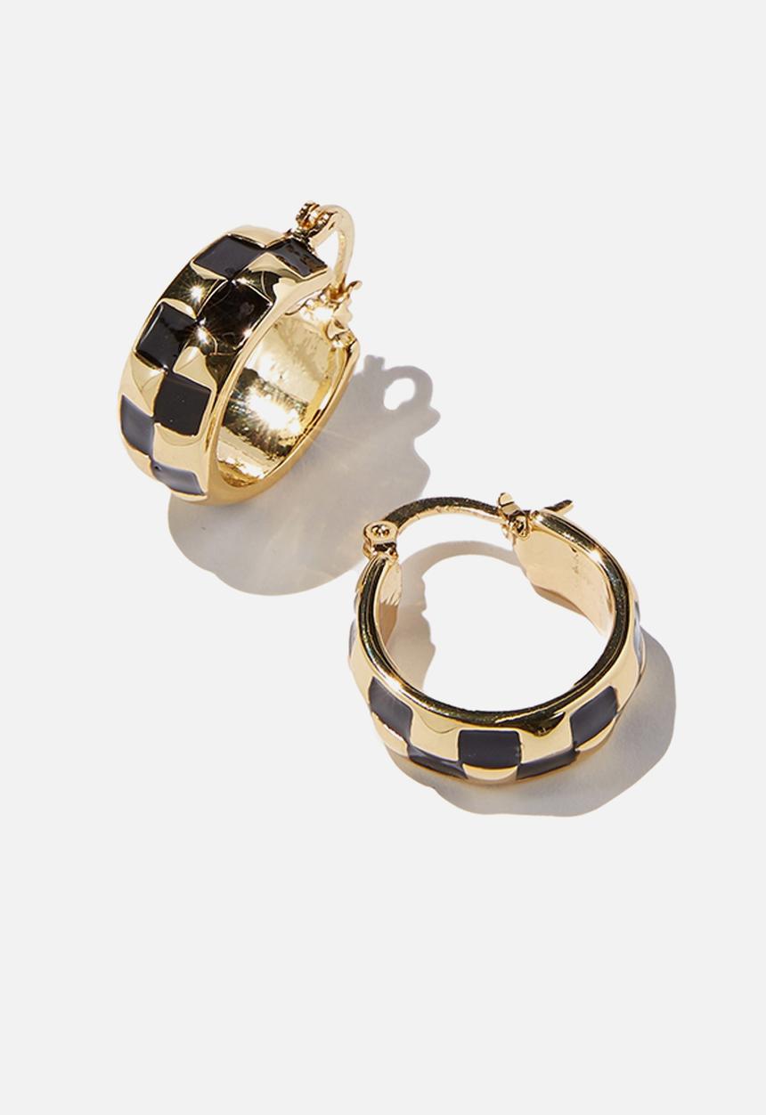 Rubi - Premium mid hoop - gold plated black checkerboard
