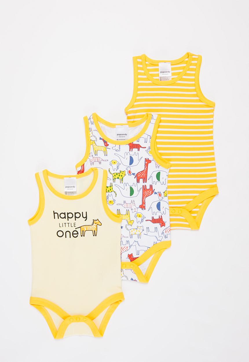 Pop Candy - Baby boys 3 pack animal bodyvests - yellow